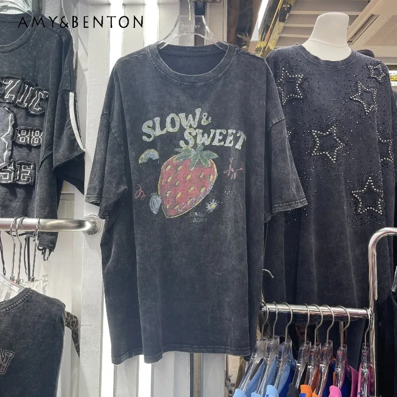 

Cartoon Strawberry Print Short Sleeves T Shirt Y2k Tees Female 2026 Summer Korean Style Loose Slim Casual Versatile Top Pullover
