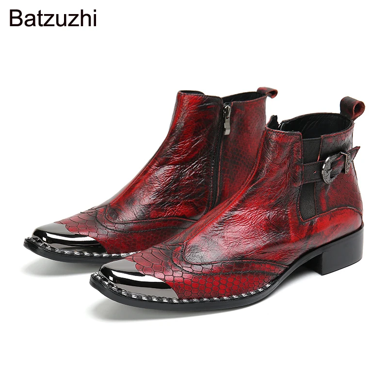 

Batzuzhi Italian Type Men's Boots Handmade Silver Metal Head Genuine Leather Ankle Boots for Men Red Party/Wedding Botas, US6-12