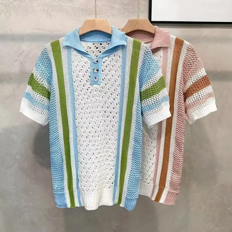 

Fashion Mesh Knitted Polo Shirts Men Slim Fit Short Sleeve Breathable Knit T Shirt Mens Summer Business Casual Striped Tshirts