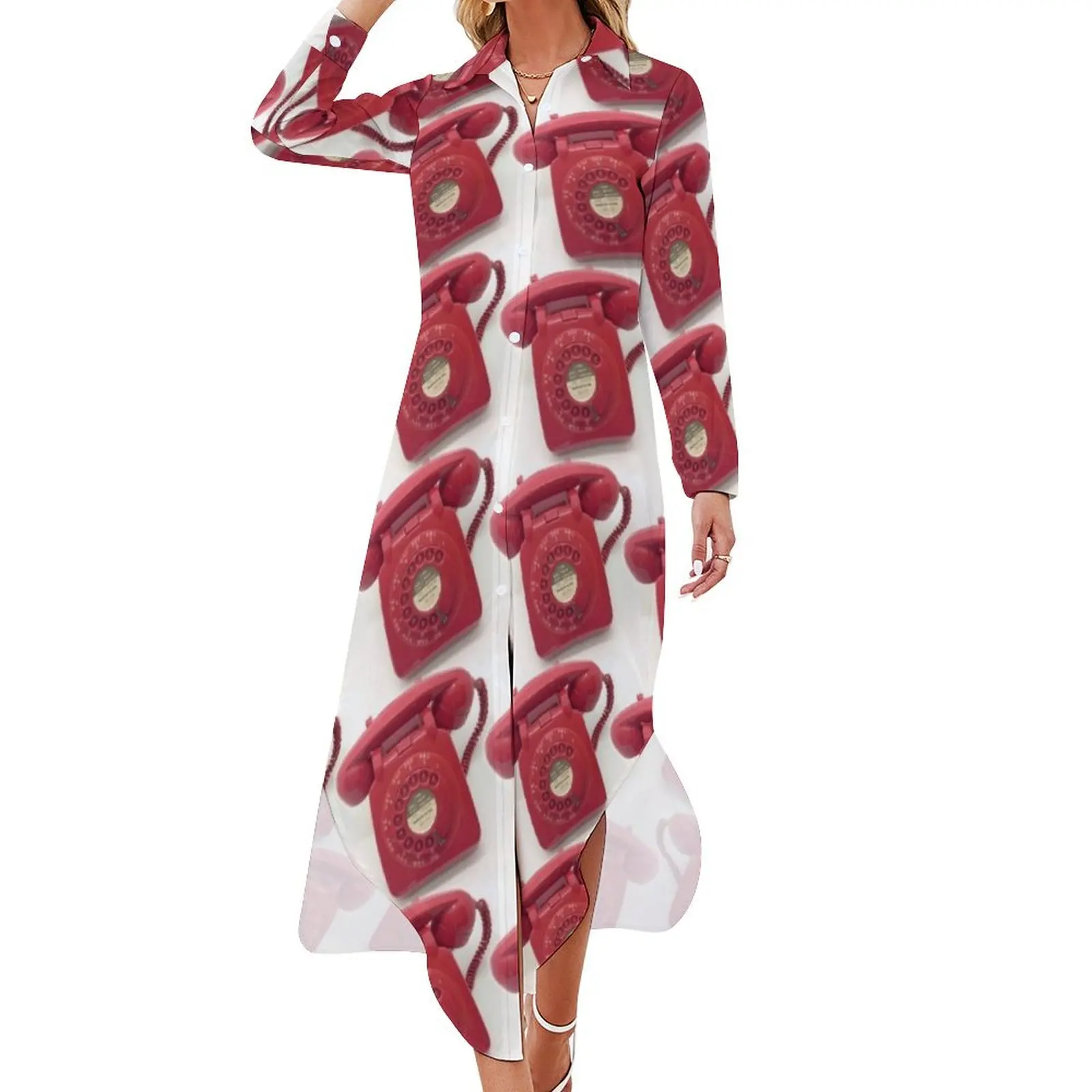 

Red vintage telephones pattern Long Sleeved Shirt Dress women's summer dress 2024 Prom gown clothes