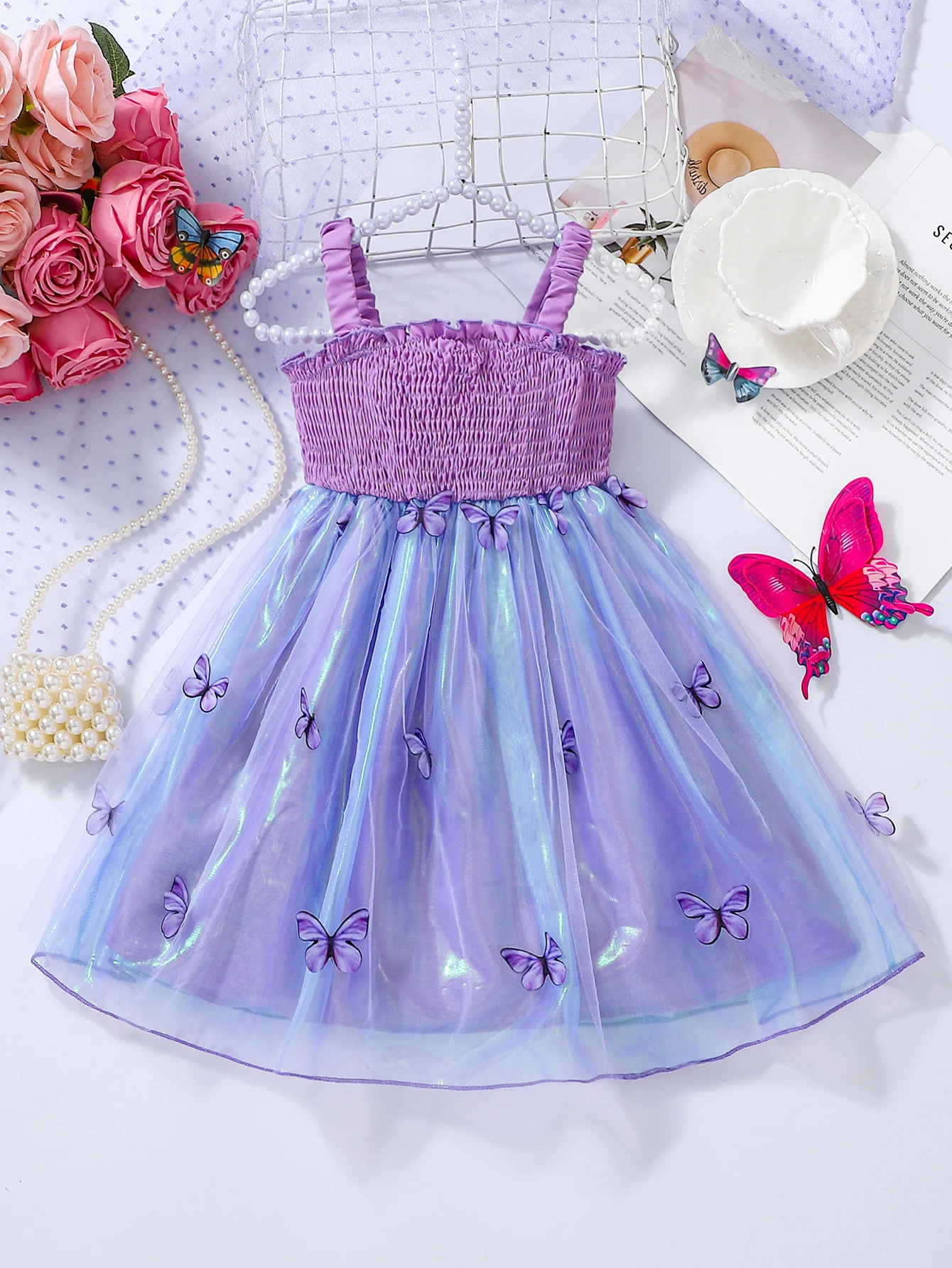 Summer New Baby Purple Blue Butterfly Illusion Mesh Dress Infant Girls' Fairy Tale Costume Soft Cotton Lace Skirt