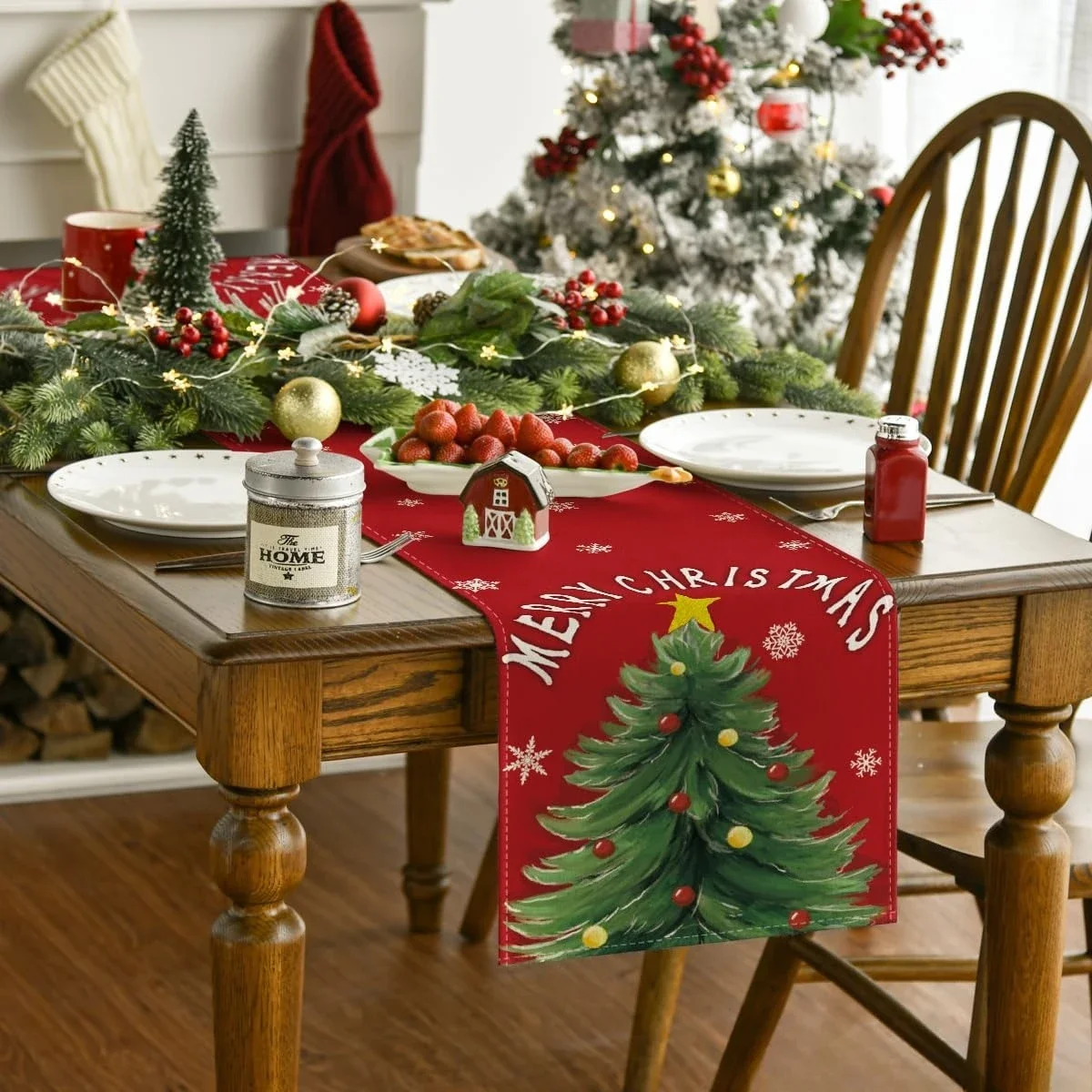 Frohe Weihnachten Weihnachtsbaum Tischläufer Urlaub Party Dekor Winter Schneeflocken Küche Esstisch Läufer Weihnachtsdekorationen