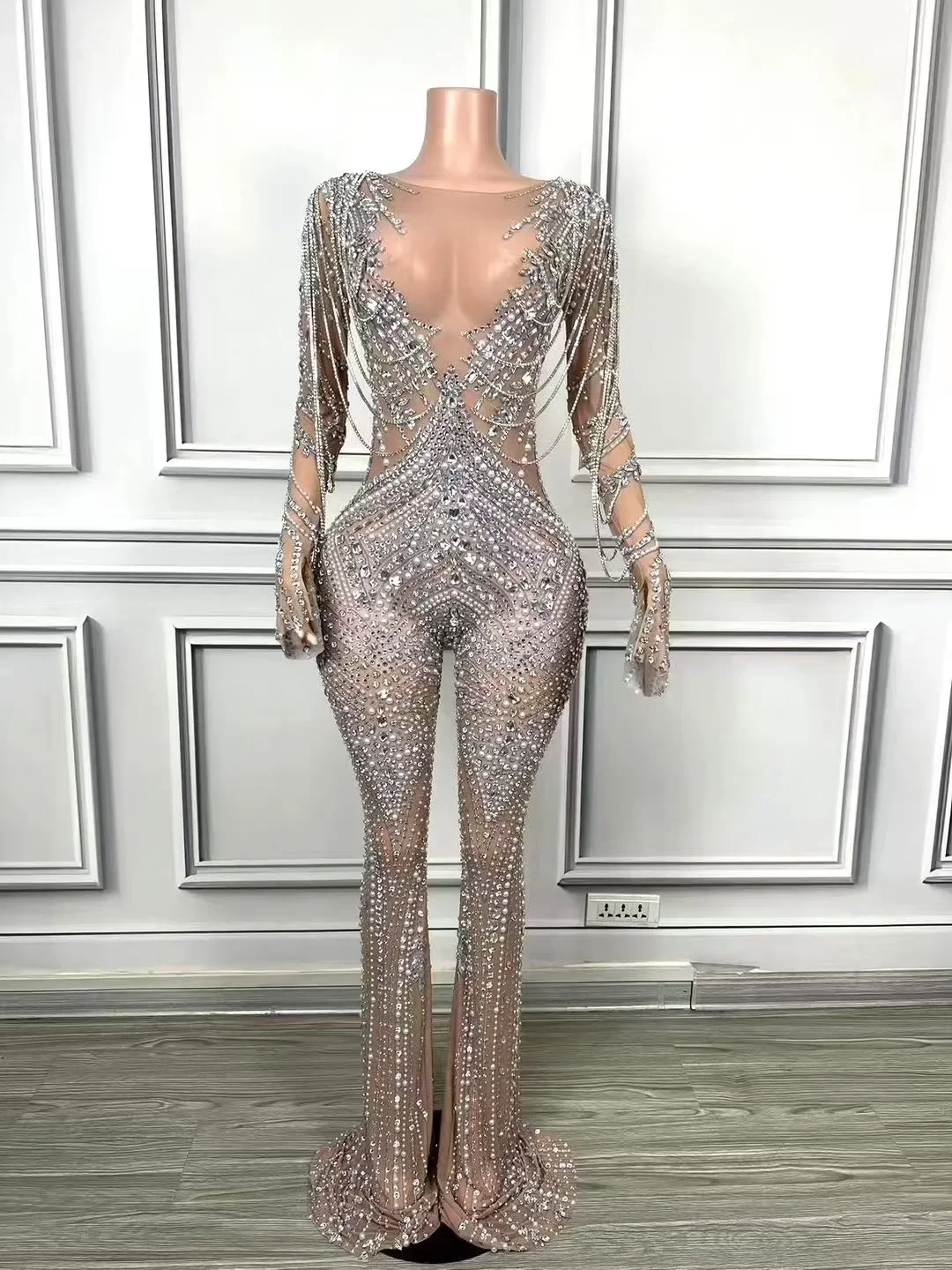 الفاخرة الراين سلسلة غمد بذلة المرأة مساء أداء الحفلات زي ملهى ليلي المغني راقصة التقطت الصور المرحلة ارتداء