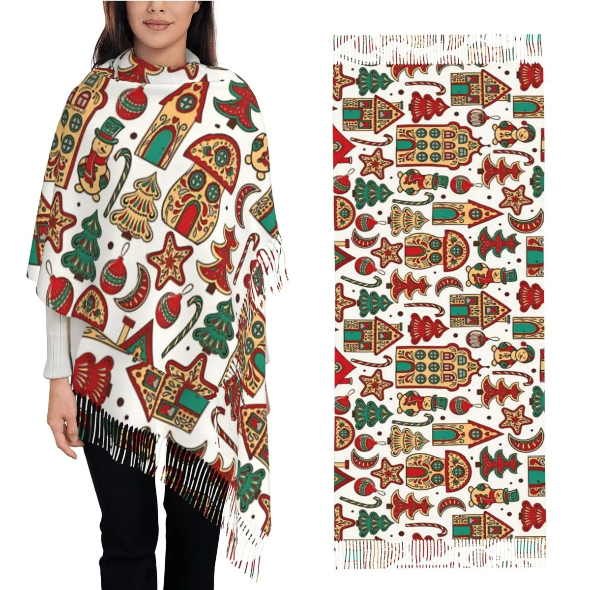 

Women's Tassel Scarf Christmas Pattern Of Houses, Gingerbreads Long Winter Warm Shawl Wrap Gifts Pashmina Scarves