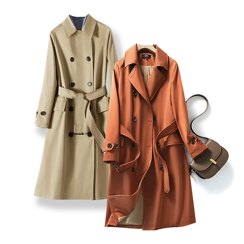 

2023 New Real Shot High-quality Double-breasted Trench Coat Women Spring Autumn Long Windbreaker Solid Belt Lady Khaki Outerwear