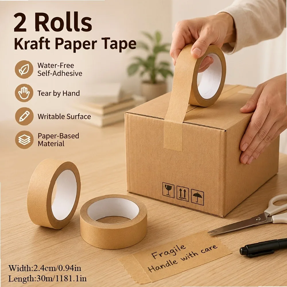 Kraft Paper Corrugated Packing Tape 2 Rolls 0.95in x 30m, Self-Adhesive Writeable Shipping Tape