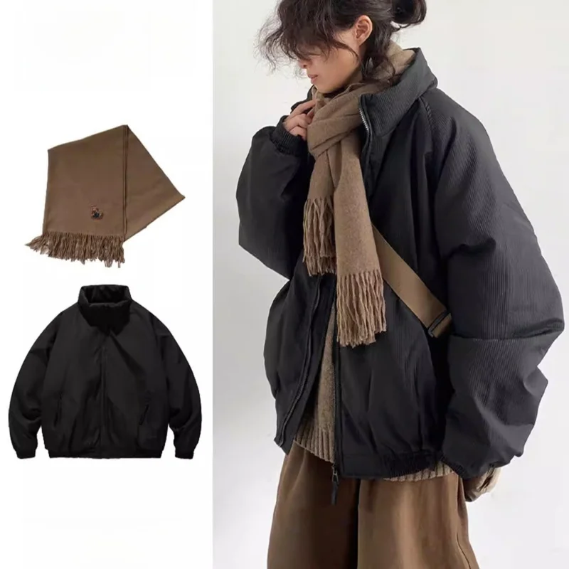 

Retro Japanese Style Bread Coat Cotton Jacket Cashmere Simulation Pure Color Scarf Autumn Winter Couple Set Thickened Outdoor...