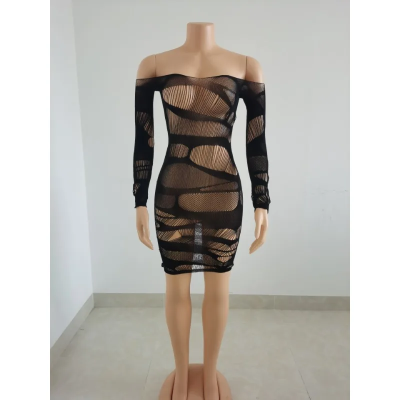 2025 Lente Zomer Off Schouder Gat Hol Sheer Skinny Sexy Lingerie Vrouwen Slash Hals Volledige Mouw Pittige Meisjes Club Jurk