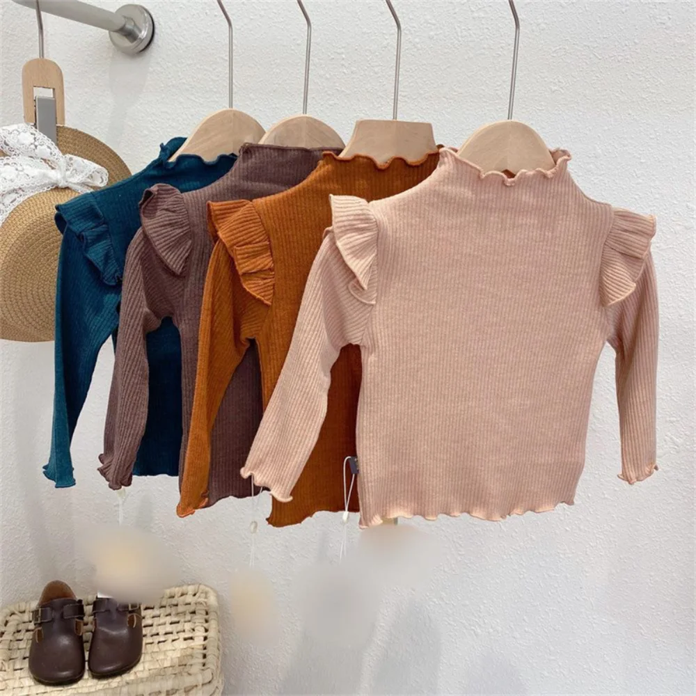 Bear Leader Autumn Girls Clothes Flying Sleeves Standing Collar Top Spring Long Sleeved Solid Color Bottom Layer Shirt