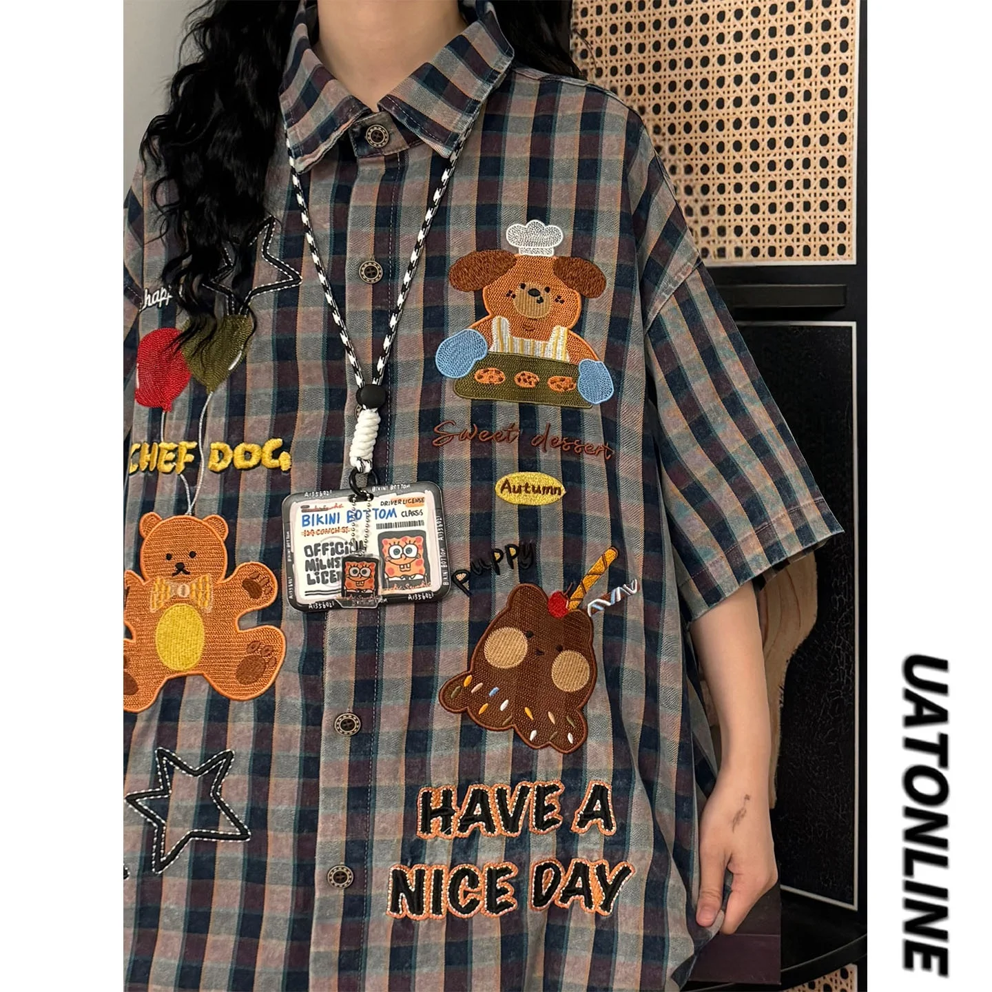 

UATONLINE2026 Summer American Cartoon Bear Embroidery Loose Plaid Short Sleeve College Style Women's Shirt Street Style Loose...