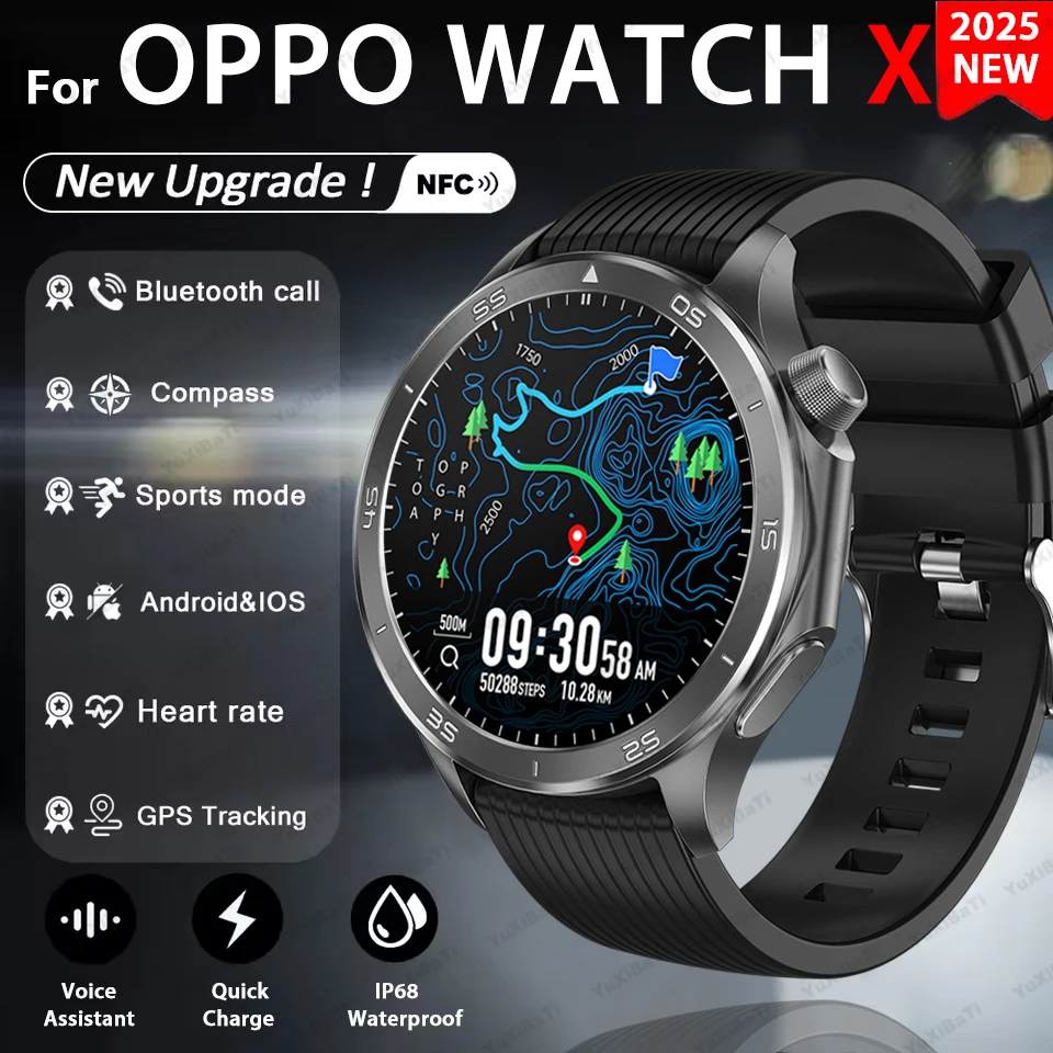 

2025 для OPPO Watch X Смарт-часы для мужчин GPS трек Компас AMOLED HD Экран Bluetooth Вызов Сердечный ритм IP68 Водонепроницаемые SmartWatch