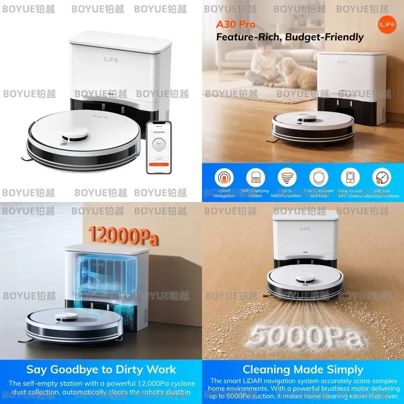 ILIFE A30 Pro Robot Vacuum Cleaner with Automatic Self-Emptying Station, 5000Pa , LDS Navigation, 180min, 2-in-1 Mop and