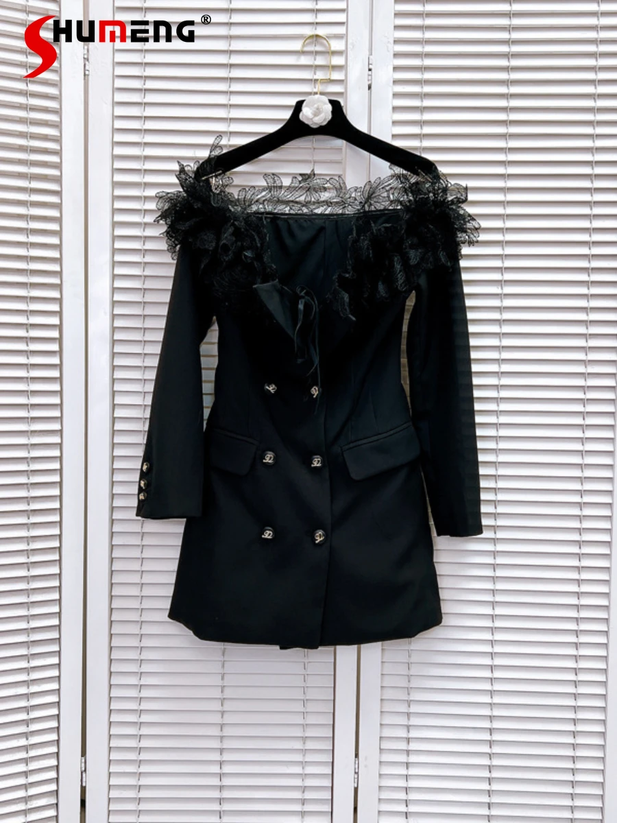 

2024 Spring New Dresses Fashionable Off-Shoulder Double Breasted Long Sleeve Black Suit Dress Elegant Slimming Women's Dresses
