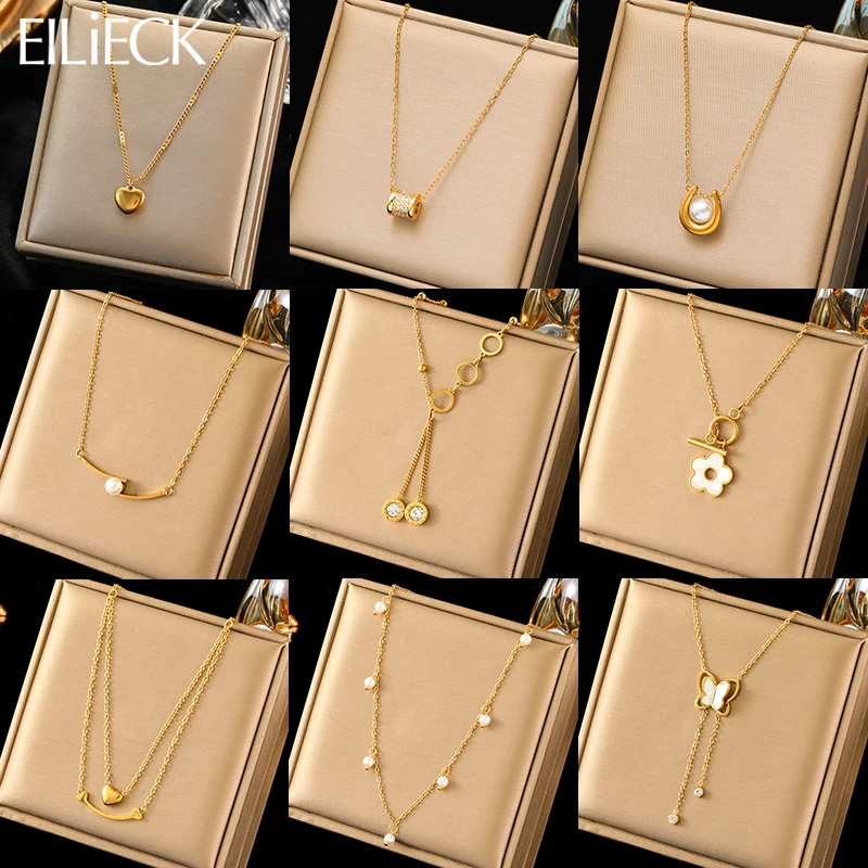 EILIECK 316L Stainless Steel Simple Zirconia Pearl Pendant Necklace For Women Fashion Collar Neck Chain Waterproof Jewelry Gift