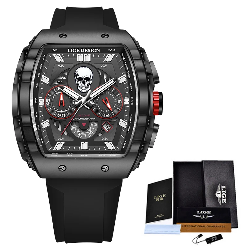 LIGE Fashion Silicone Men\'s Watches Skeleton Skull Big Dial Military Watch Men Chronograph Quartz Wrist Watch for Men Date Clock