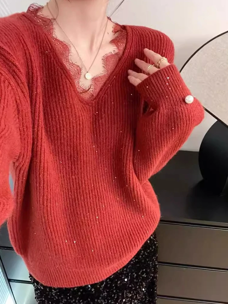 Lace Trim Splice V-Ne Camere Sweater Women's Faionable Slimming Base irt Comfortable Top Korean Sle Long Sve