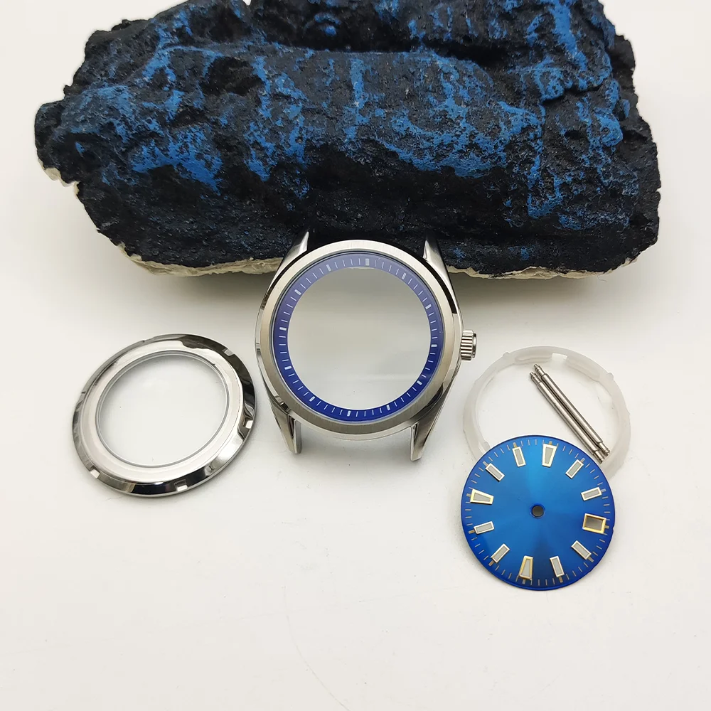 Мужская модель 40 мм из нержавеющей стали, фурнитура для часов, прозрачная задняя часть с синей внутренней затемненной вставкой, механизм NH35, искусственная кожа NH36