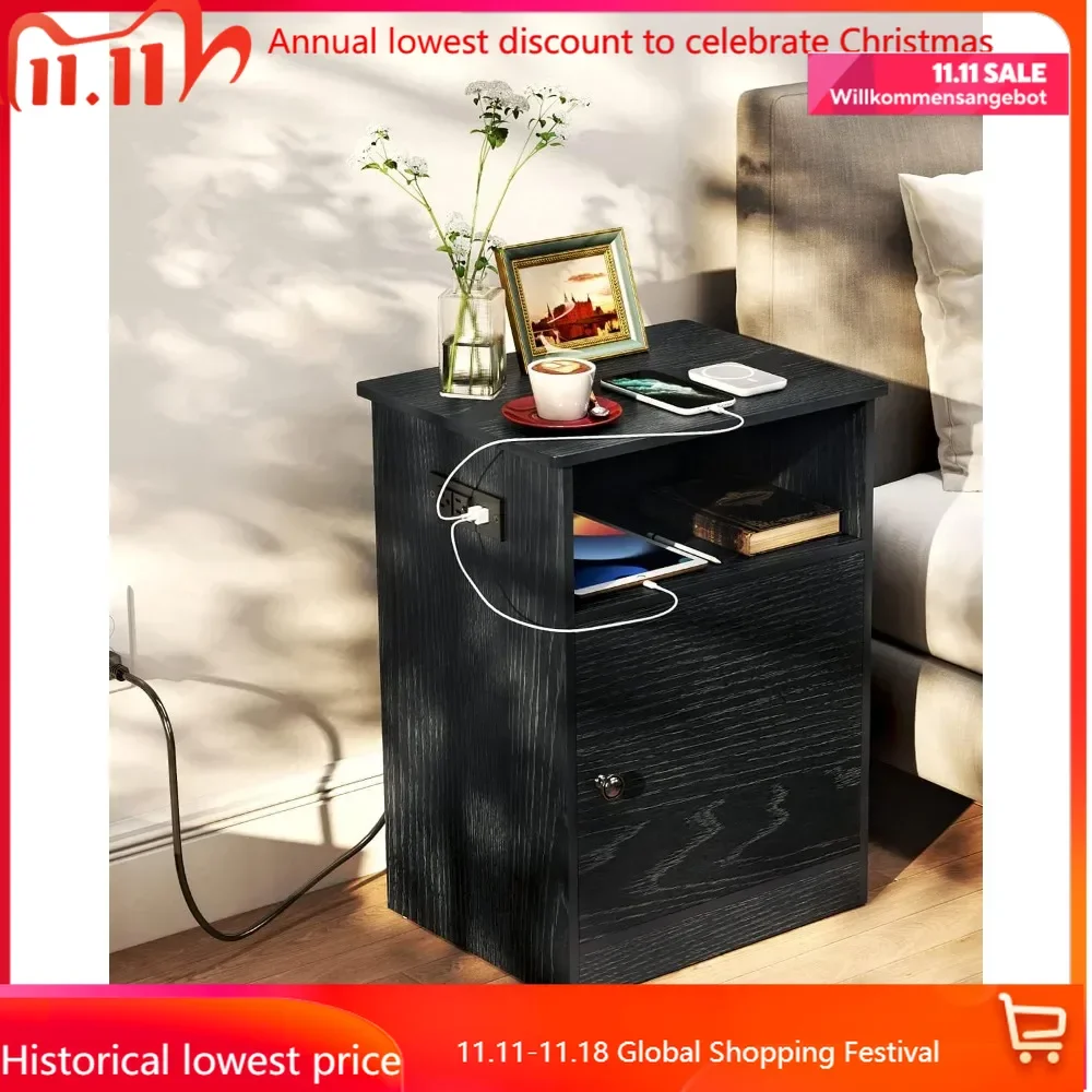 

Narrow End Table with Charging Station, Side Table, Flip Top, Shelf and USB Ports Nightstand for Living Room, Bedroom nightstand