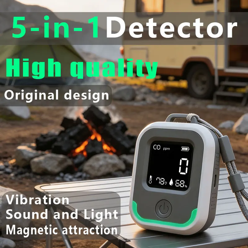 5-in-1 Vibrating Carbon Monoxide Detector, Suitable for Caravans, Camping, Magnetic Suction Portable Rechargeable, Temperature