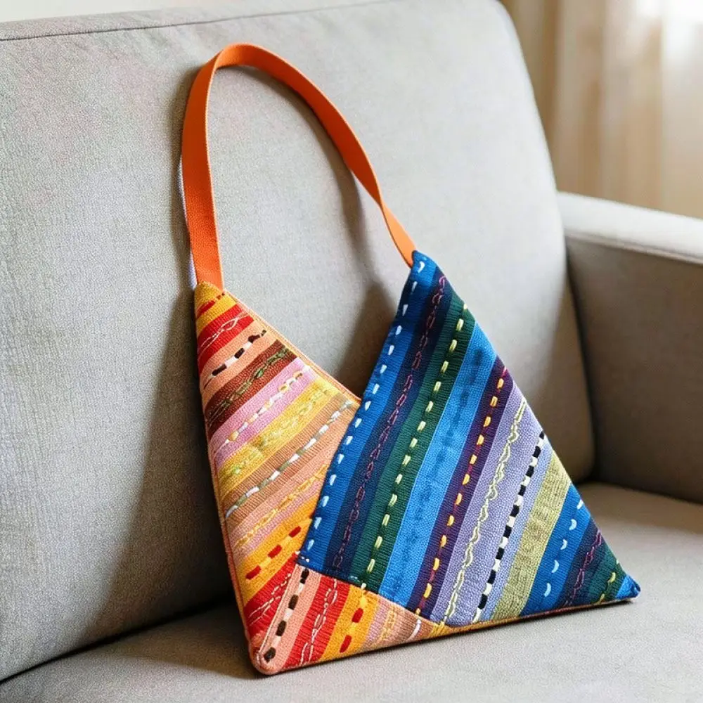Trendy Patchwork Triangle Shoulder Bag Ethnic Woven Fabric Tote Elegant Casual Commuter Fashion Purse