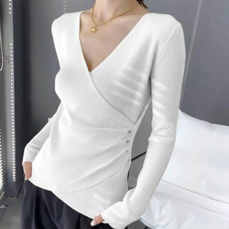 Women Clothing Fashion Slim Solid Knit Pullovers Autumn Winter Elegant Chic Long Sleeve V-neck Sweaters Casual Versatile Y2k Top