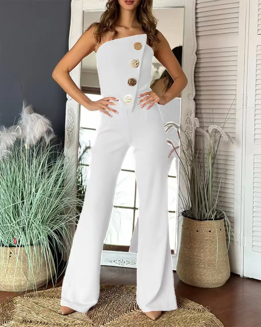 Jumpsuits Women One Piece Flare Pants Button Sexy Strapless Off Shoulder High Waist 2025 Summer Office Lady Boot Cut Trousers