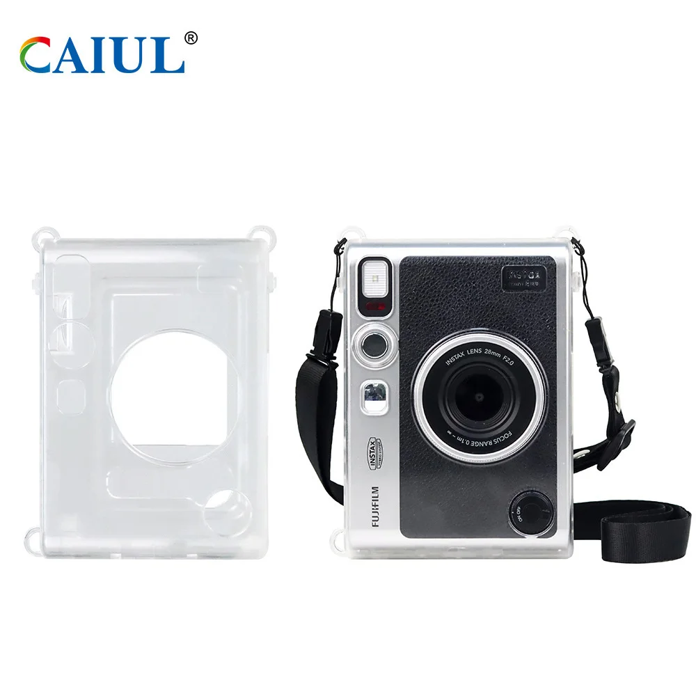 Fujifilm instax mini evo saco da câmera retro couro do plutônio caso ombro cinto de proteção saco plástico rígido transparente escudo protetor