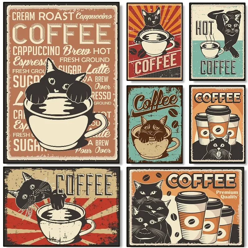 Multiple sizes 1pc frameless Canvas Painting,Vintage Coffee and Cat Poster Coffee Addict Cat Lover Funny Canvas Painting Wall Ar