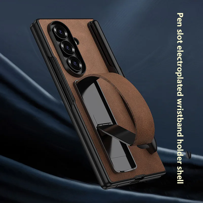 For Samsung Galaxy Z Fold 7 Z Fold 6 5G With Pen $ Pen Slot Folding Protective Cover Electroplated Wristband Holder Case