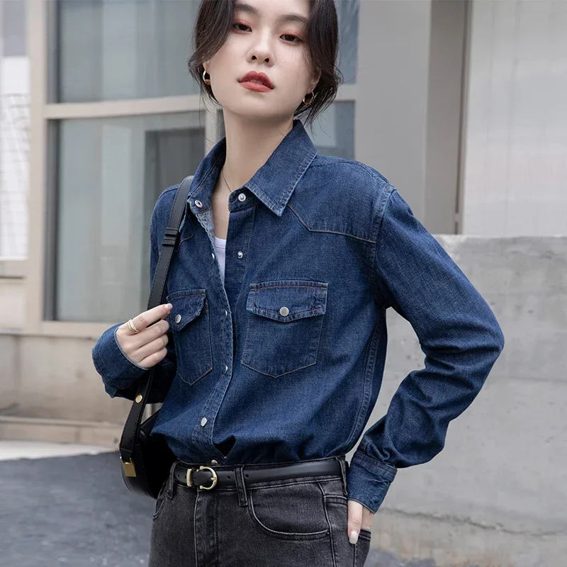 2024 Summer New Women Shirts & Blouses Long Sleeved Denim Fabric Solid Color Lapel Collar Korean Fashion Loose Top