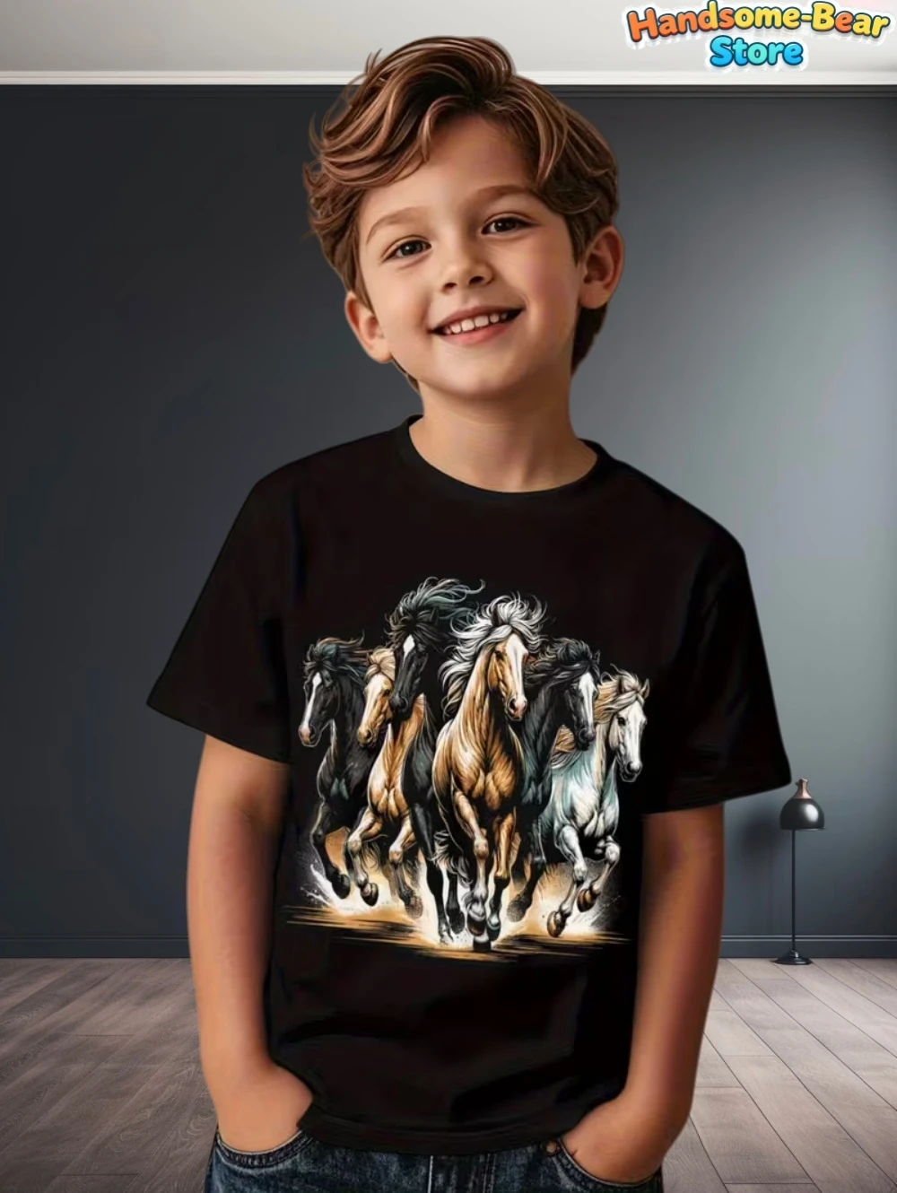 Acasual and simple summer round-neck short-sleeved T-shirt withahorse pattern print,suitable for children to wear when going out