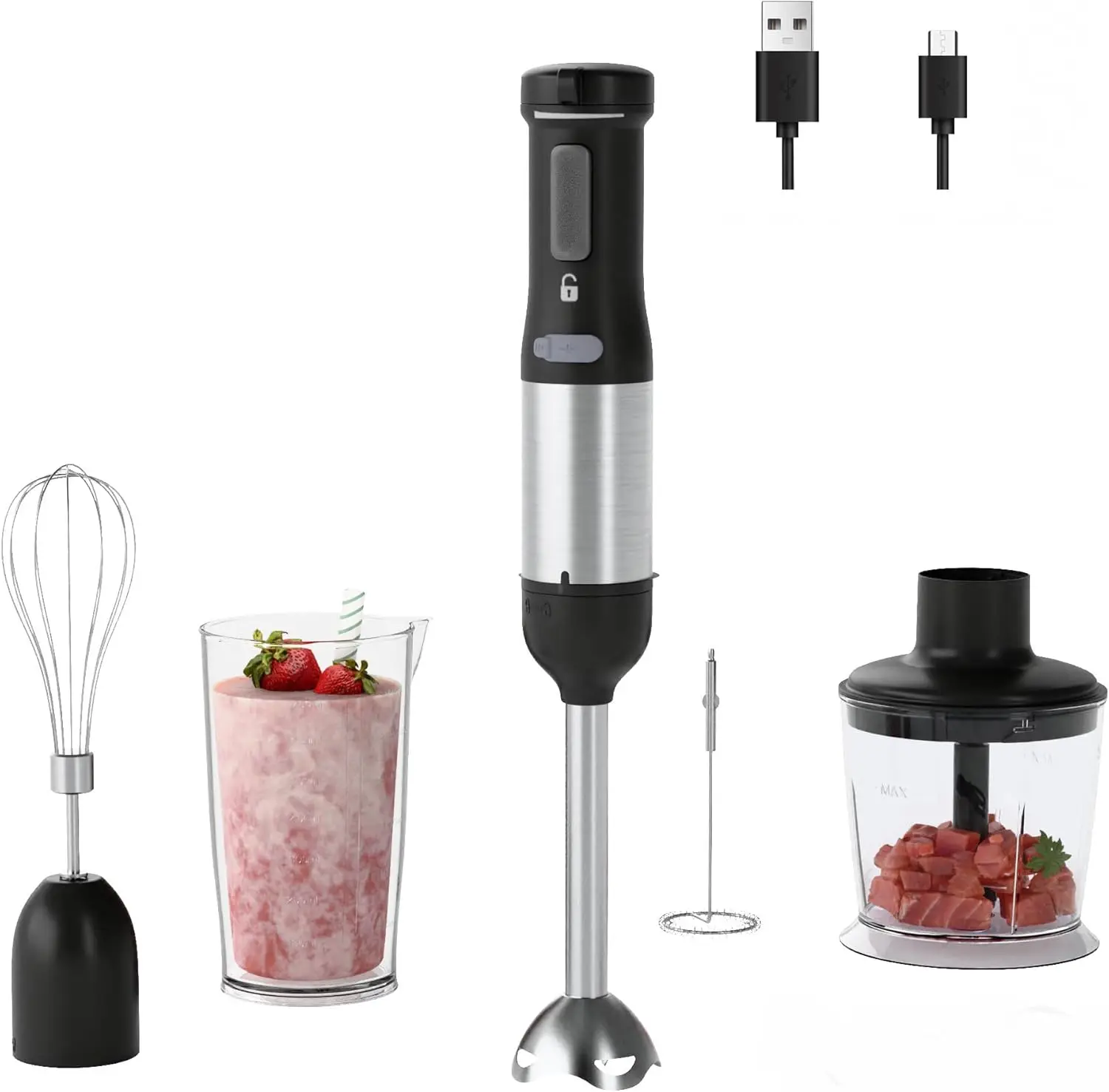 

5-in-1 Cordless Hand Blender with 2000mAh Battery, Dishwasher-Safe Accessories: Beaker, Chopper, Whisk & Frother