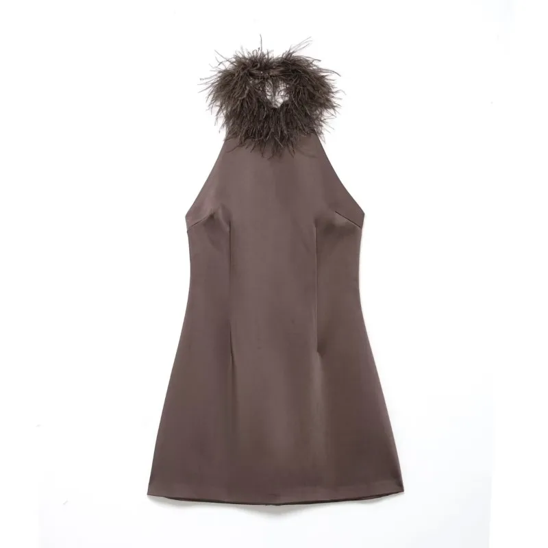 ربيع الخريف المرأة فستان من الريش مثير عارية الذراعين الرسن الرقبة المرأة فستان قصير أنيق أنثى شيك عودة البريدي فستان قصير