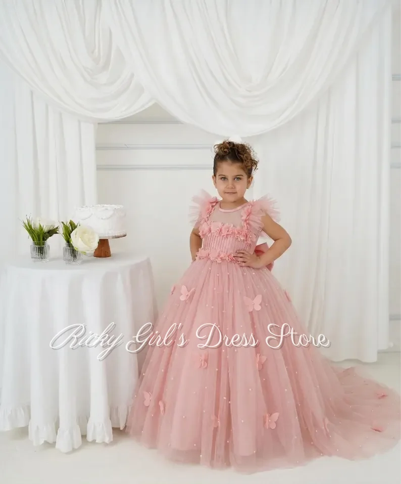 Butterfly Tulle Blush Pink Flower Girl Dress For Wedding Special Occasion 3d Flowers Backless Long Princess Ball Gown Custom