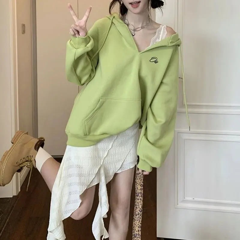 

Casual Letter Embroidery Loose Sweatshirts Women's Clothing Korean Hooded Autumn Fashion Drawstring Basic Long Sleeve Hoodies