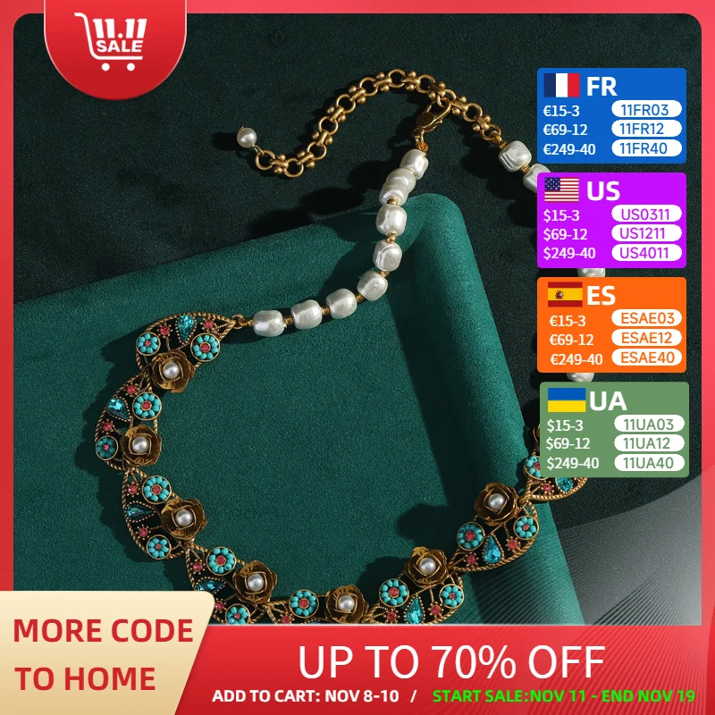 

Vintage Pearl Necklace Freshwater Antique Gold Color Flower Leaf Woman Blue Beads Bohemia Luxury Quality Jewelry Designer 2025