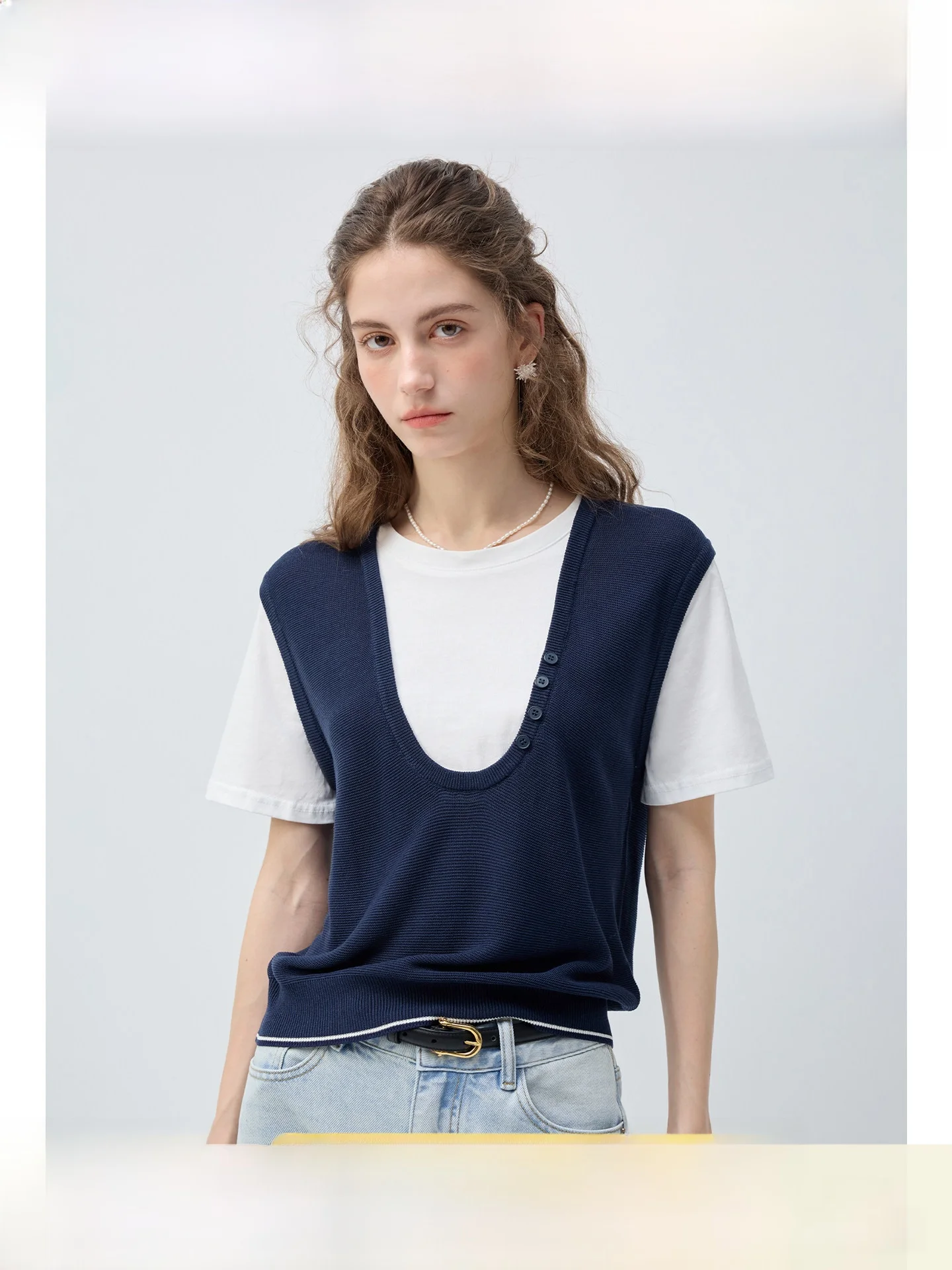 

plus Size Women's T-Shirt U-Neck Slimming Short Sleeve Fake Two-Piece Summer Commute Versatile Top for Slightly Plump MM