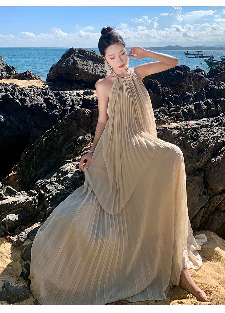 Summer Female Beach Dress Backless Lady Holiday Clothes Solid Color Long Loose Halter Collar Maxi Skirt Chiffon Pleated Twinset