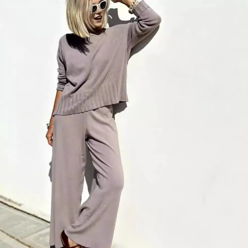 Elastic Waist Trousers Set Women's Knitted Tracksuit Set with Round Neck Sweatshirt Elastic Waist Trousers Solid Color for Daily