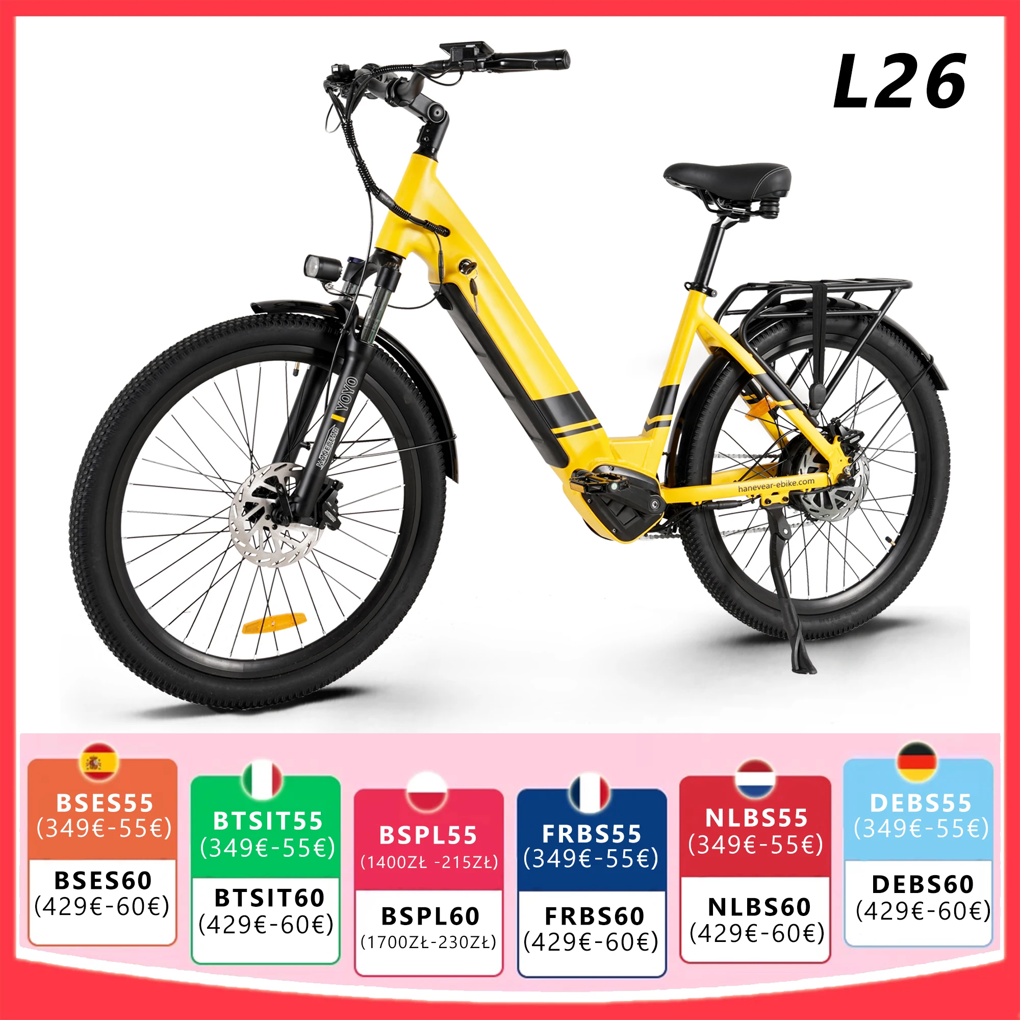 Bicicletta elettrica L26 26 pollici Step Thru E-Bike 48V 17Ah per adulti Uomo Donna E Mountain Bike, portata 60-90Km, 8 velocità
