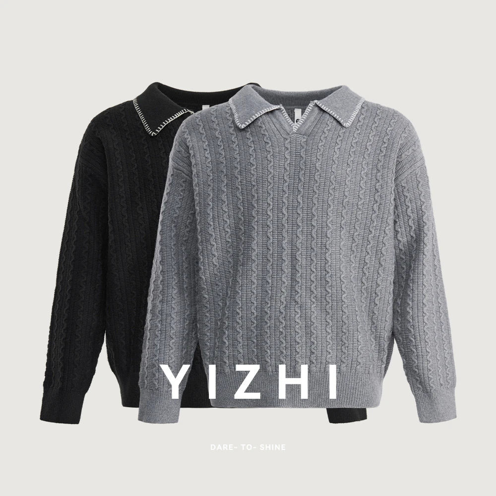 

7-needle Cable Polo Collar Sweater 2025 Autumn And Winter New Men's Contrast Stitching Lapel Knitted Twist Sweater