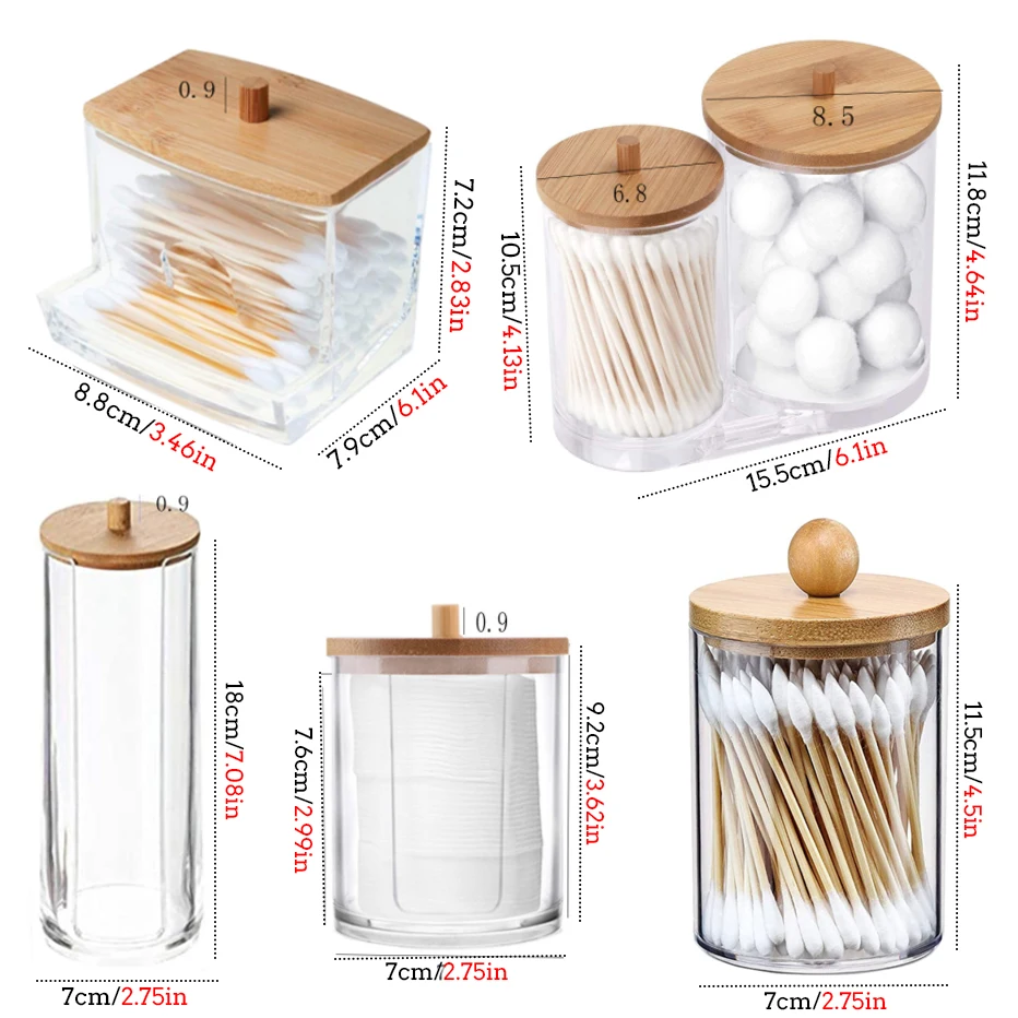 Bathroom Acrylic Storage Box Jar Makeup Organizer Cotton Round Pad Holder Cotton Swab Box Qtip Holder Dispenser with Bamboo Lid