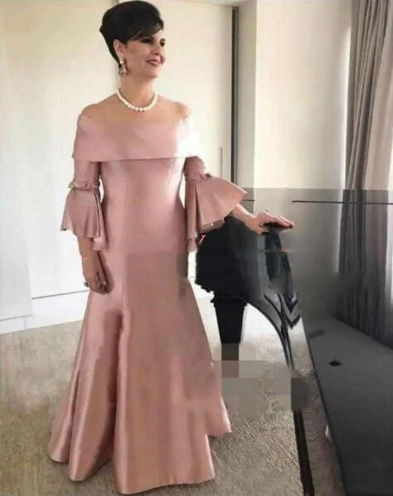 Elegant Pink Long Mermaid Formal Evening Dress For Women Flare Sleeves Boat Neck Mother Of The Bride Dresses Prom Party Gown