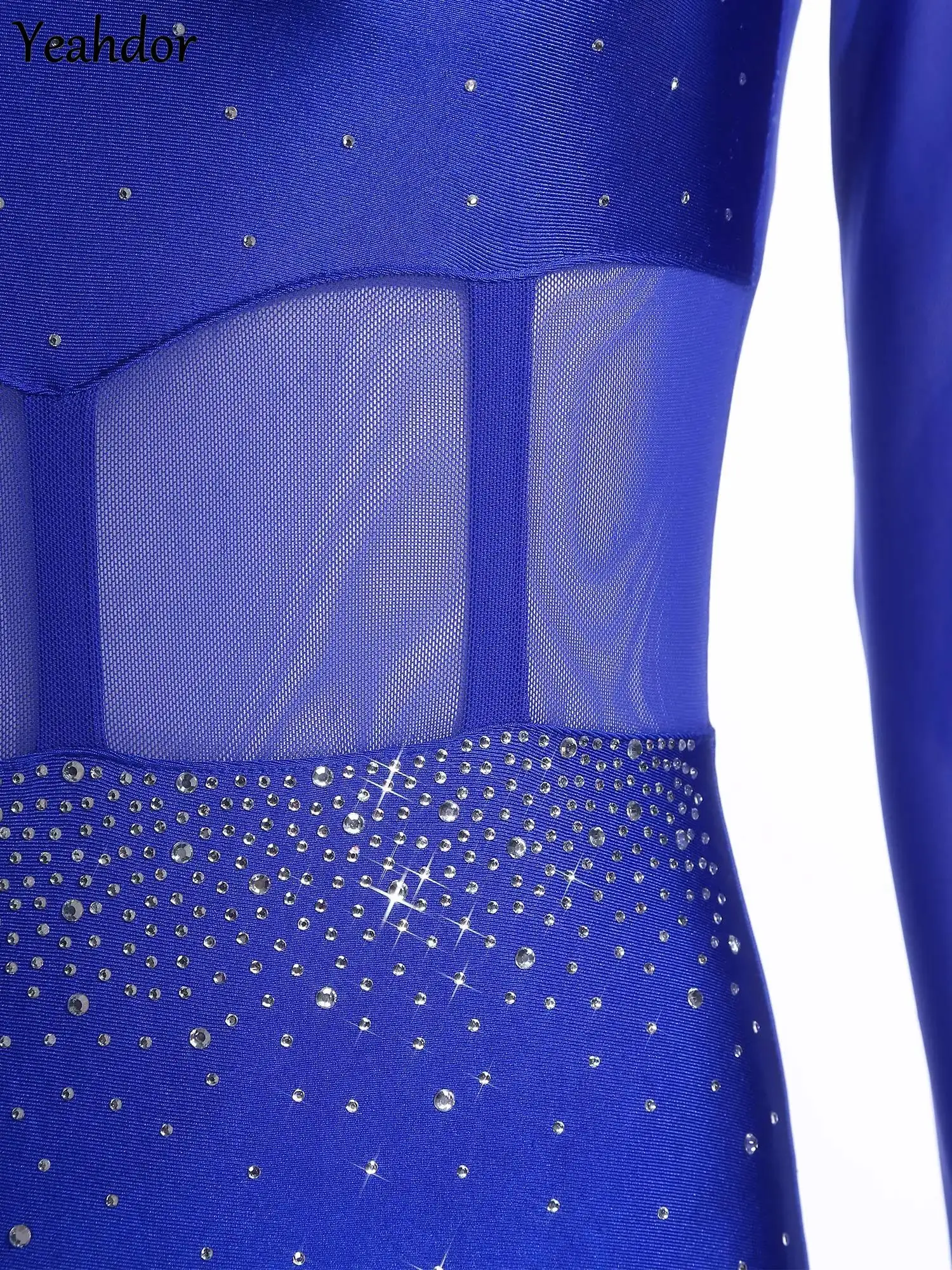 

Women Gymnastics Unitard Bodysuit Rhinestone Sheer Mesh Patchwork Cutout Back Full Body Suit Jumpsuit Figure Skating Performance