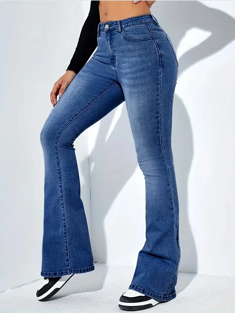 2024 Elegant Women Flare Stretch Moustache Jeans Skinny Bell Bottom High Waist Denim Pants Lady Sky Blue Y2K Punk Long Trousers