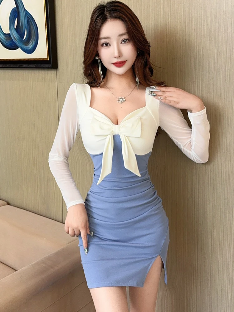 الخريف الأزرق المرقعة الأبيض القوس ساحة طوق فستان قصير 2025 أنيقة فستان المنزل غير رسمي المرأة الكورية موضة Bodycon فستان الحفلات #5
