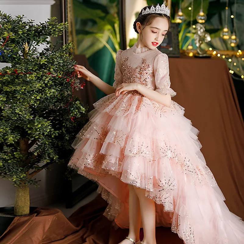 Little Girls Cocktail and Evening Dresses Pink Classic High Low Teen Girls Formal Party Gown Kids Sequin Tutu Princess Dress