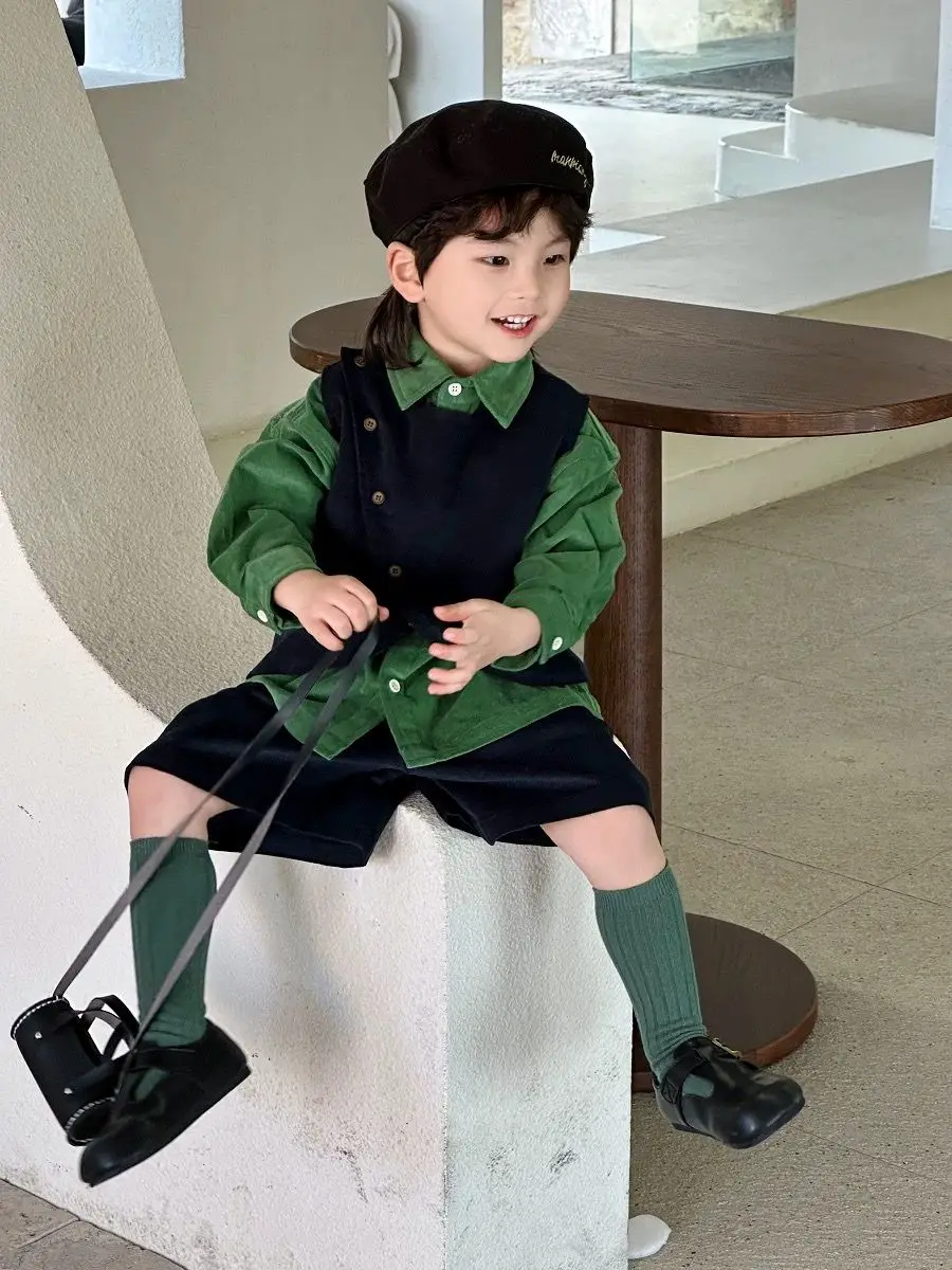 Spring Autumn Fashion Boys Casual Kids Gentleman Vest+Green Shirt+Shorts Children Casual Pants 3Pcs Casual Suits Sets Clothing