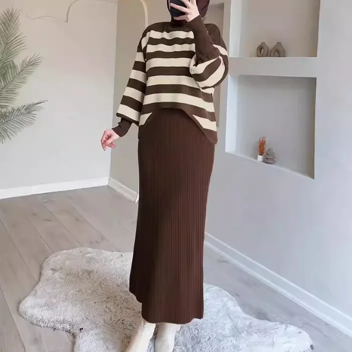 Muslim Knitting 2 Piece Set Women Striped Knitted Top Pullover Vest Dress Suit Morocco Dubai Arabic Casual Dresses Ensemble