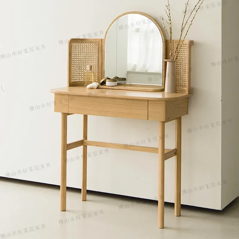Retro Rattan Dresser with Mirror Solid Wood Makeup Table Modern Simple Vanity for Small Apartment Bedroom Multi-functional